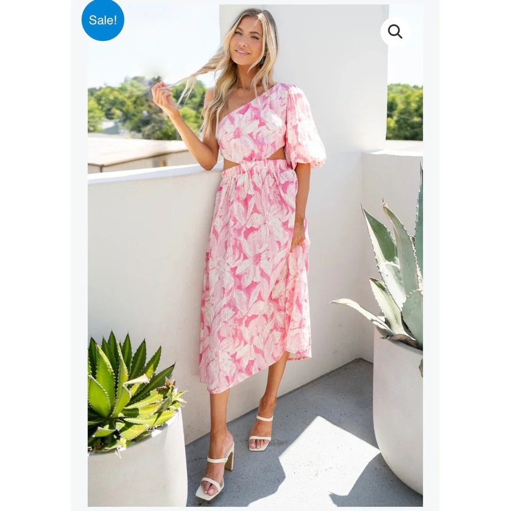 Olivaceous One Shoulder Floral Cutout Midi Dress Womens‎ Large Pink